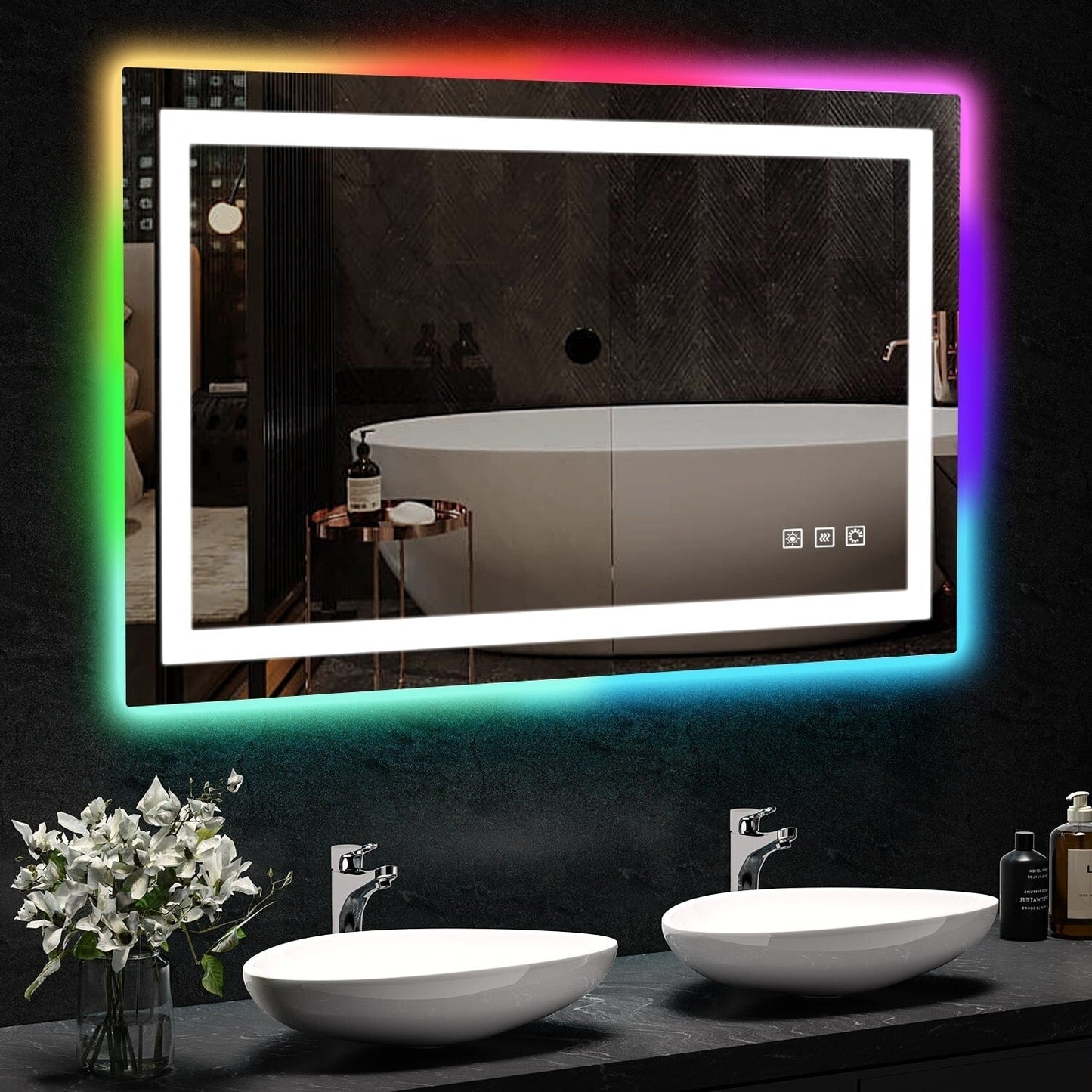 Specchio da bagno con retroilluminazione RGB e illuminazione frontale a LED, anti-appannamento.