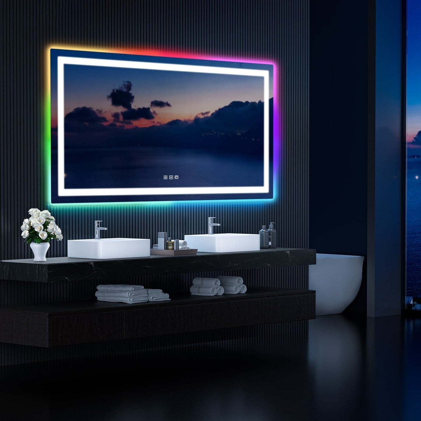 Specchio da bagno con retroilluminazione RGB e illuminazione frontale a LED, anti-appannamento.