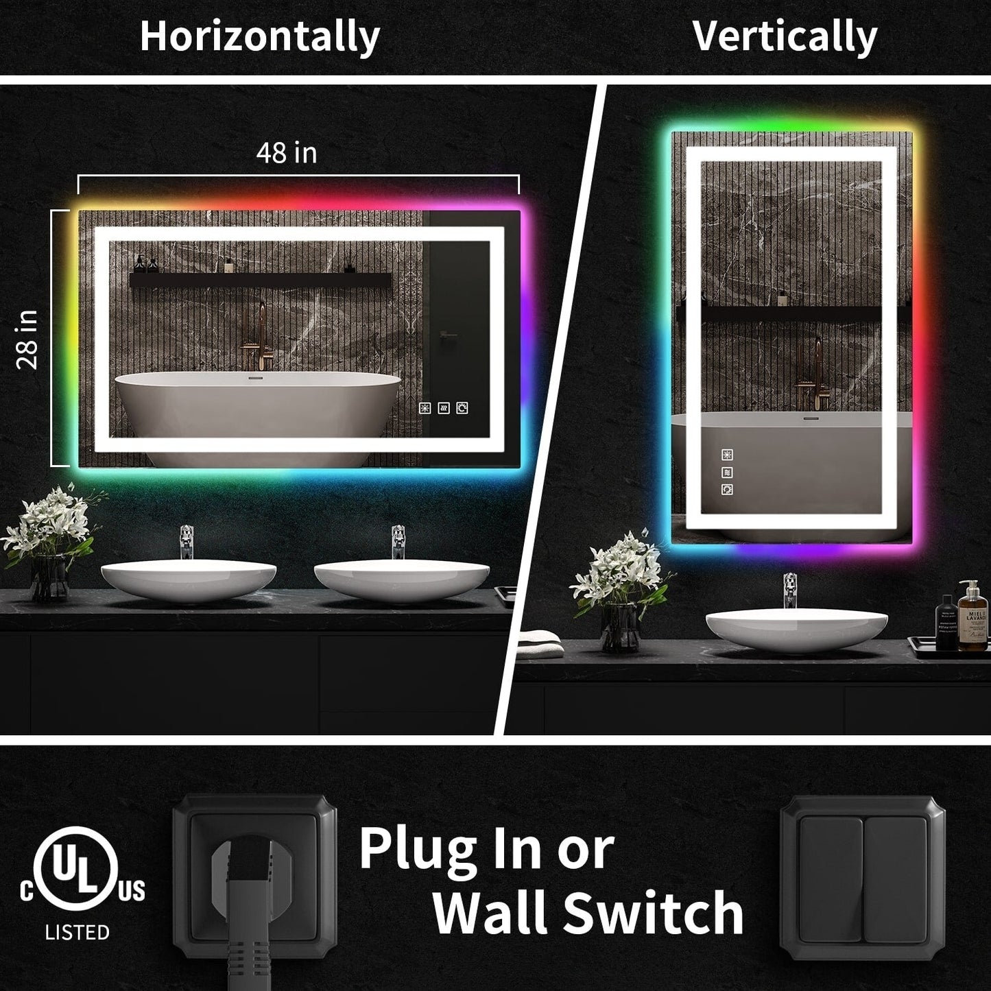 Specchio da bagno con retroilluminazione RGB e illuminazione frontale a LED, anti-appannamento.