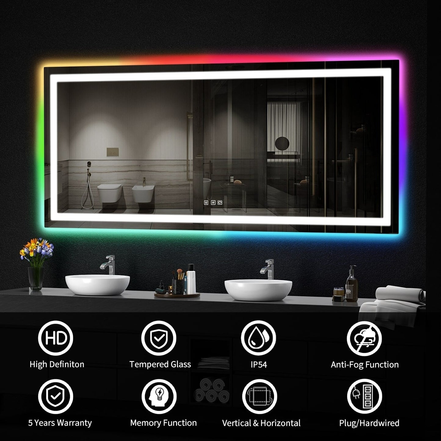 Specchio da bagno con retroilluminazione RGB e illuminazione frontale a LED, anti-appannamento.