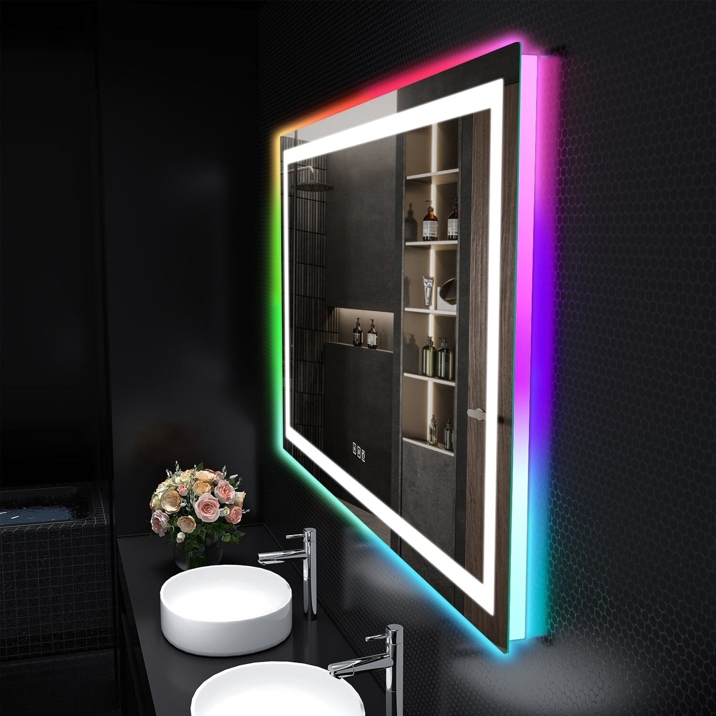 Specchio da bagno con retroilluminazione RGB e illuminazione frontale a LED, anti-appannamento.