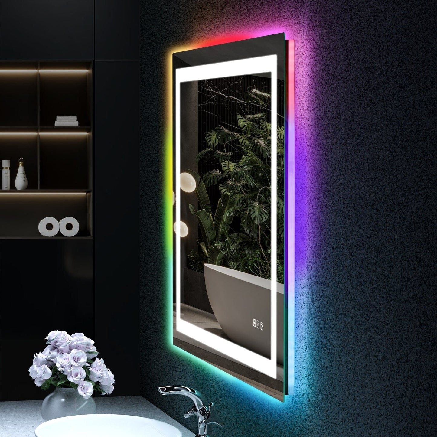 Specchio da bagno con retroilluminazione RGB e illuminazione frontale a LED, anti-appannamento.