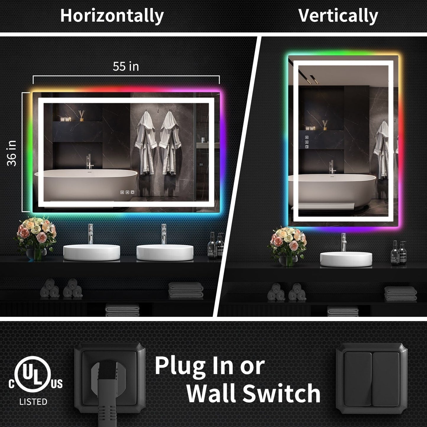 Specchio da bagno con retroilluminazione RGB e illuminazione frontale a LED, anti-appannamento.