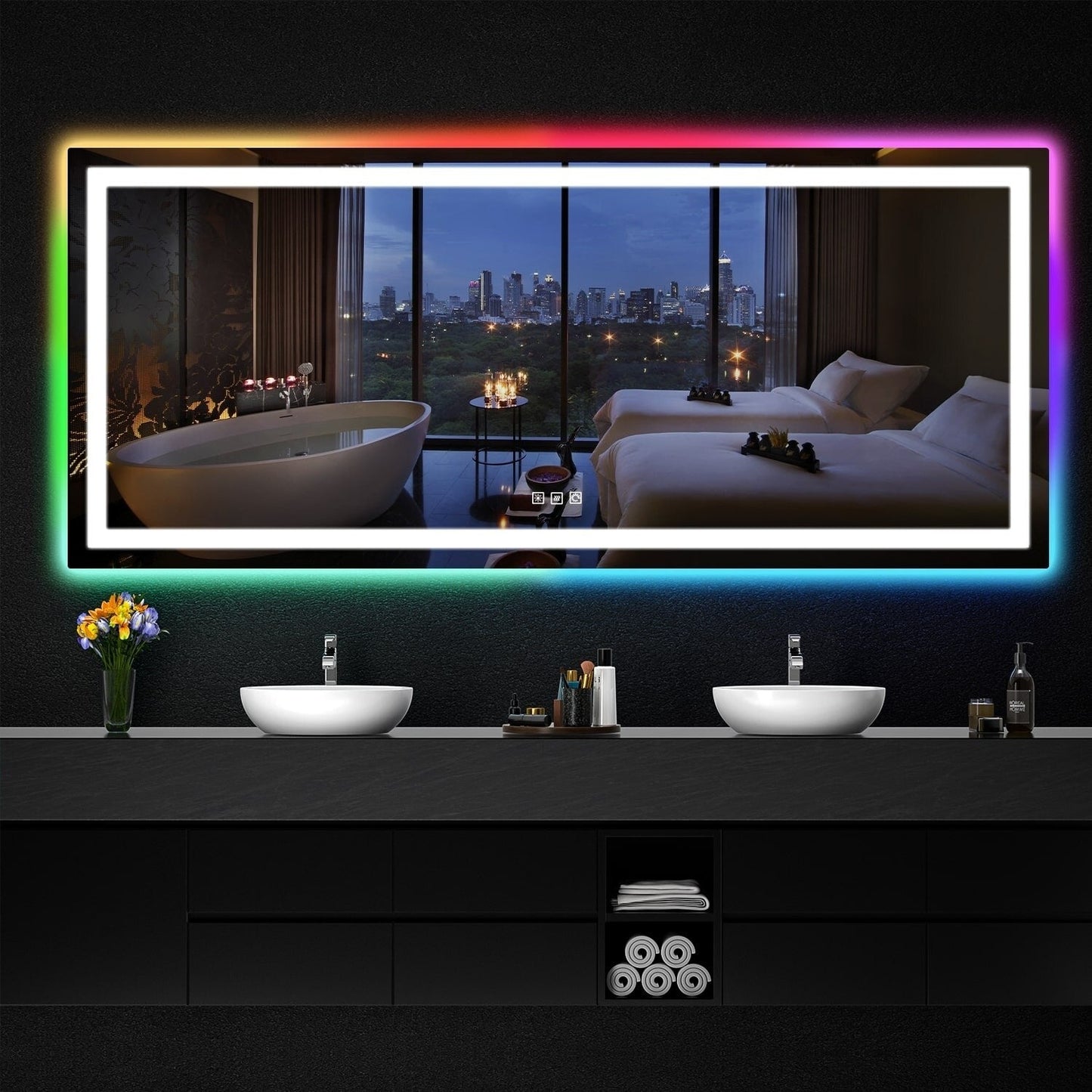Specchio da bagno con retroilluminazione RGB e illuminazione frontale a LED, anti-appannamento.