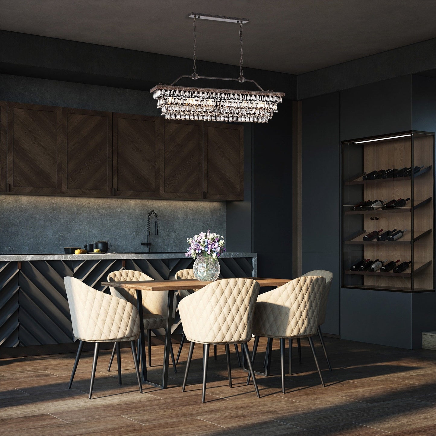 Luce a sospensione rettangolare per isola cucina a 6 luci in bronzo antico con cristalli - Bronzo antico