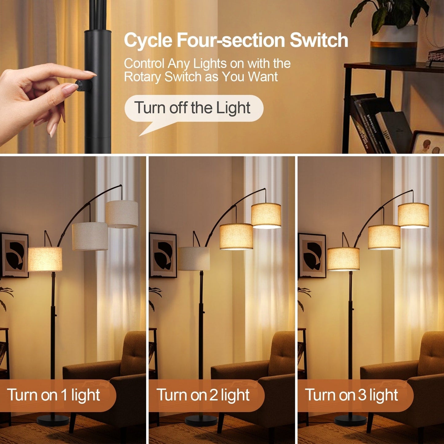 Lampada da terra a LED ad arco, dimmerabile, moderna, nera, con 3 luci, ad arco e di altezza elevata.