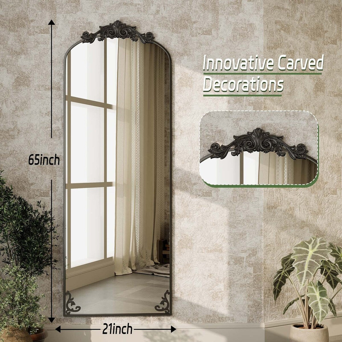 Specchio a figura intera ad arco con motivo floreale barocco