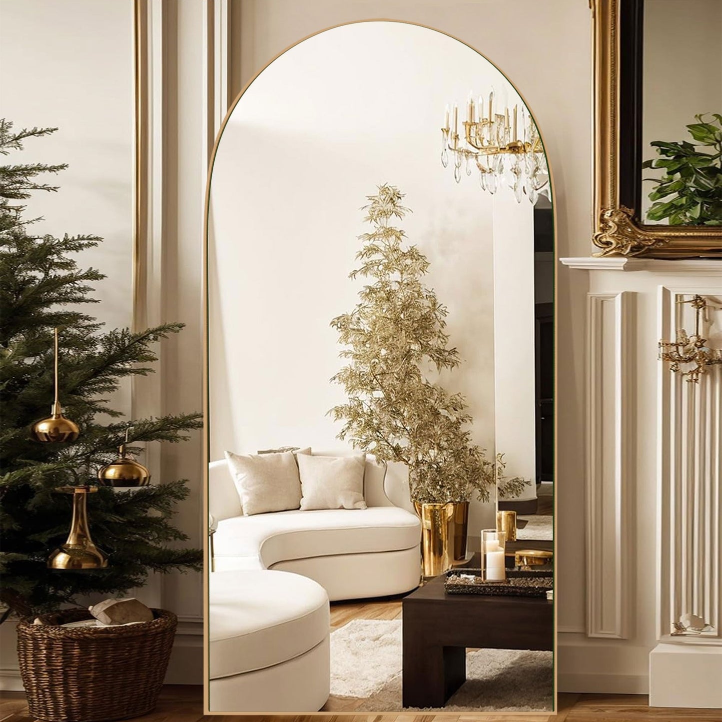 Specchio a figura intera da terra in legno con arco, specchio da parete