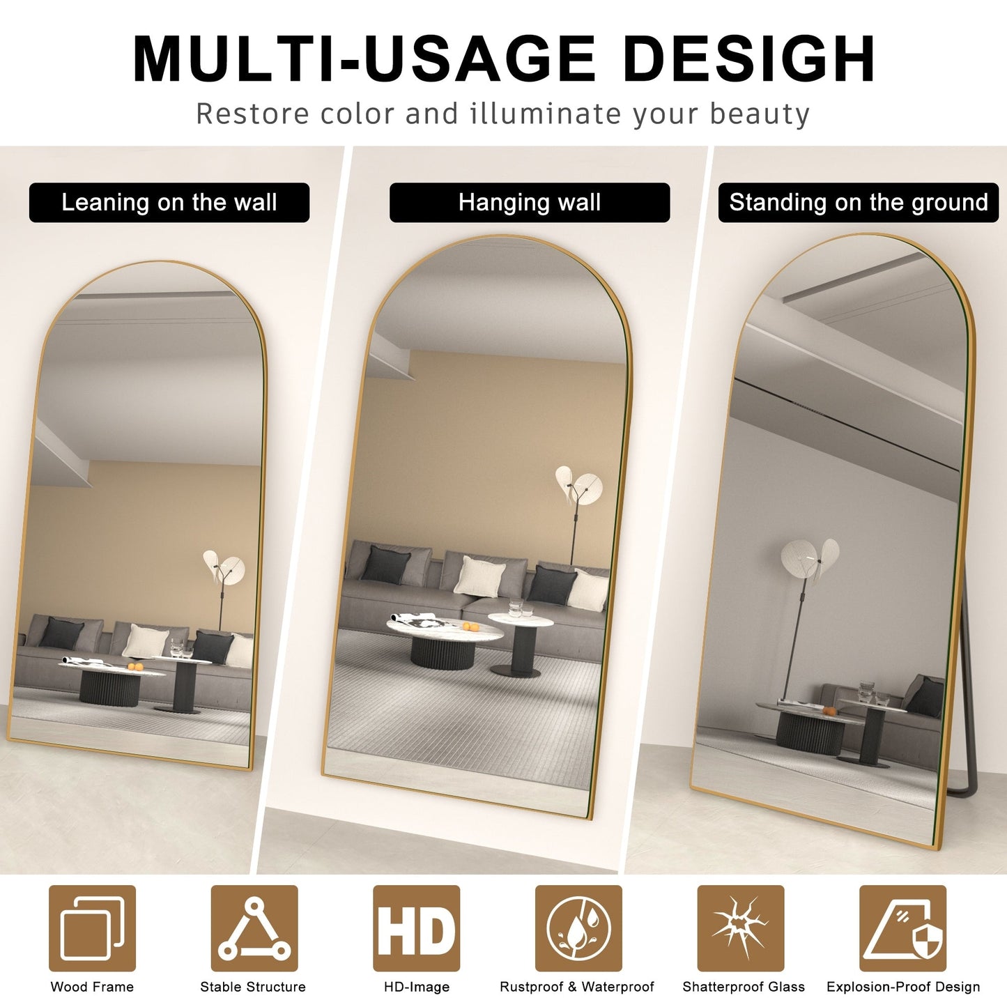 Specchio a figura intera da terra in legno con arco, specchio da parete