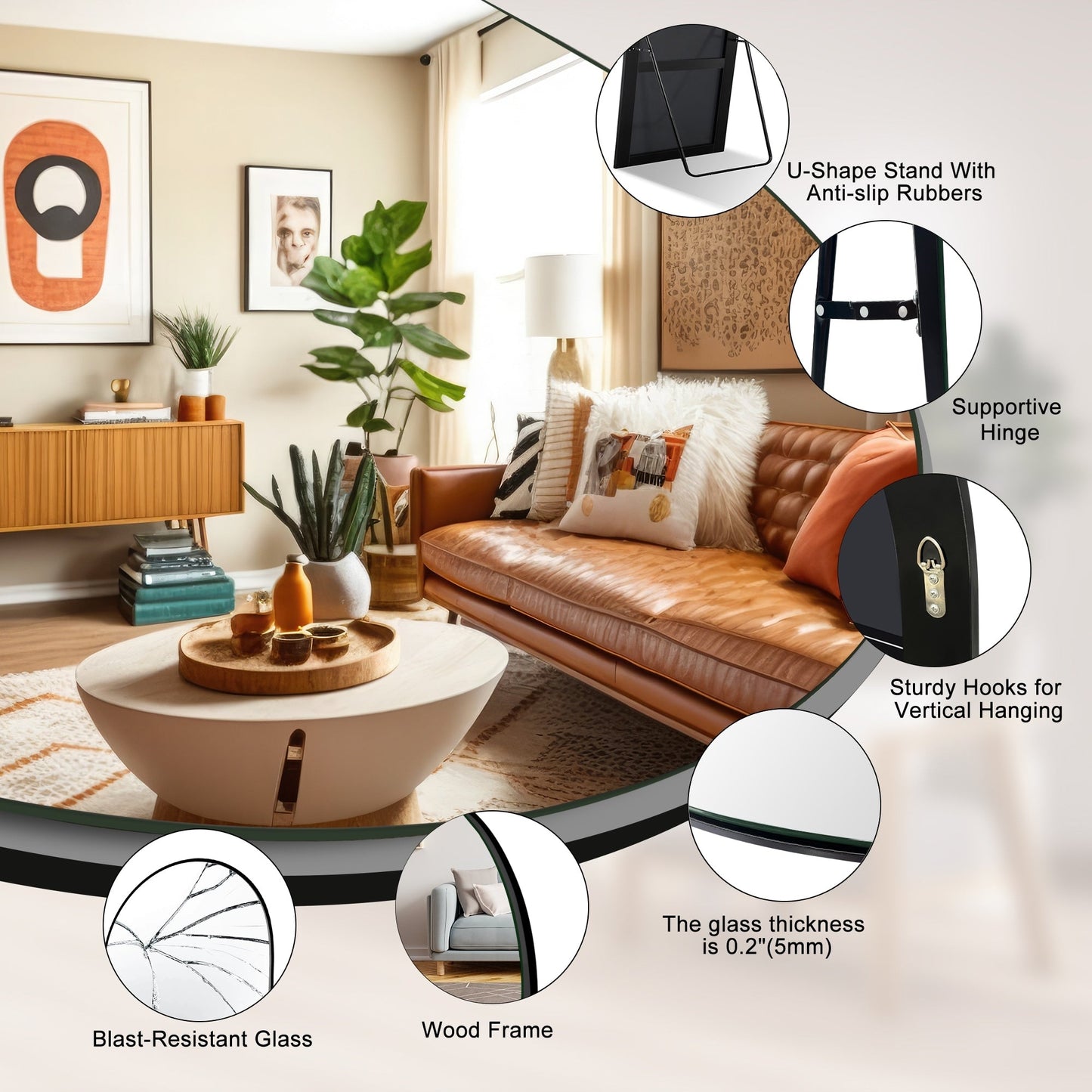 Specchio a figura intera da terra in legno con arco, specchio da parete