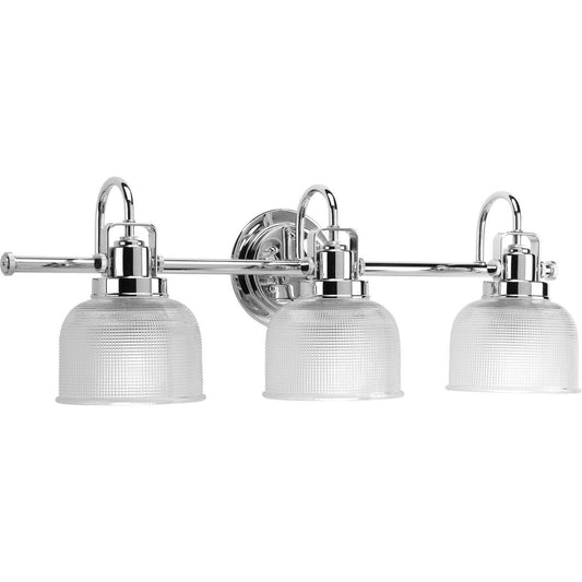 Lampada da bagno da parete Archie Collection a tre luci, cromata lucida, con vetro prismatico doppio trasparente, stile costiero - 8.75 x 26.25 x 7.25