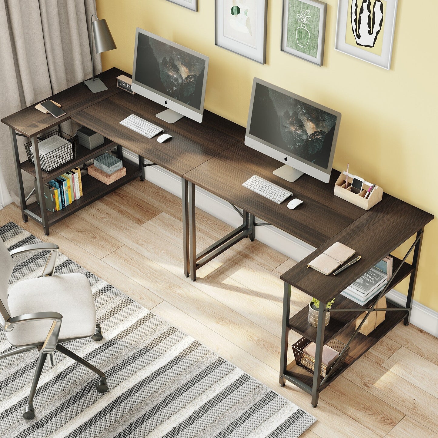 Scrivania a forma di L di piccole dimensioni con ripiani portaoggetti, scrivania da computer d'angolo