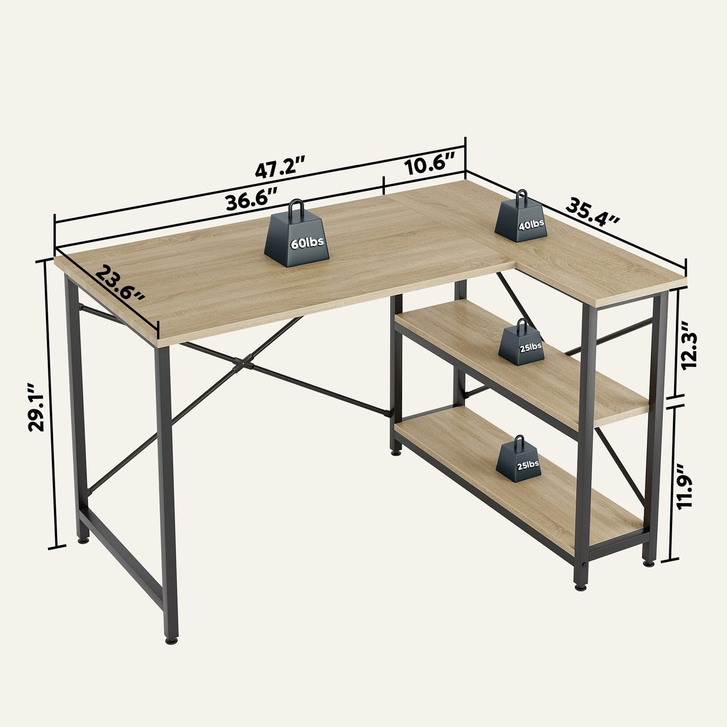 Scrivania a forma di L di piccole dimensioni con ripiani portaoggetti, scrivania da computer d'angolo