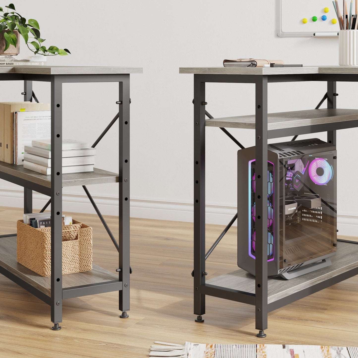 Scrivania a forma di L di piccole dimensioni con ripiani portaoggetti, scrivania da computer d'angolo