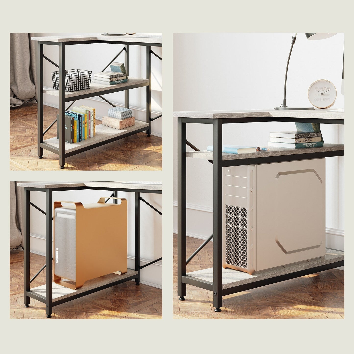 Scrivania a forma di L di piccole dimensioni con ripiani portaoggetti, scrivania da computer d'angolo