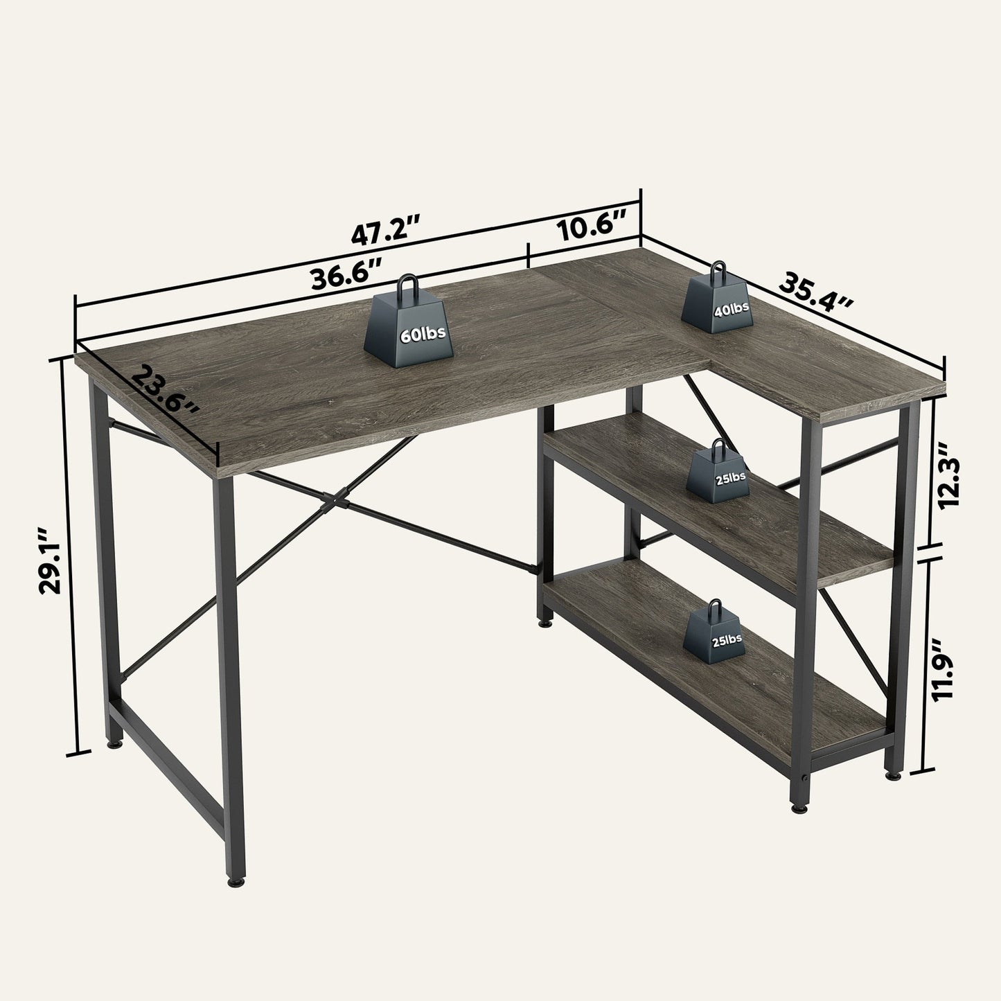 Scrivania a forma di L di piccole dimensioni con ripiani portaoggetti, scrivania da computer d'angolo