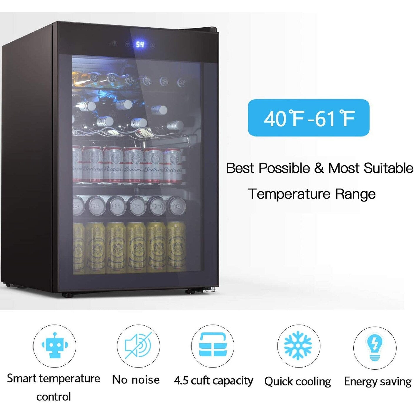 Frigo per vini da 4,4 piedi cubi con luci a LED e pulsanti touch, ripiani rimovibili, rumore inferiore a 38 dB.