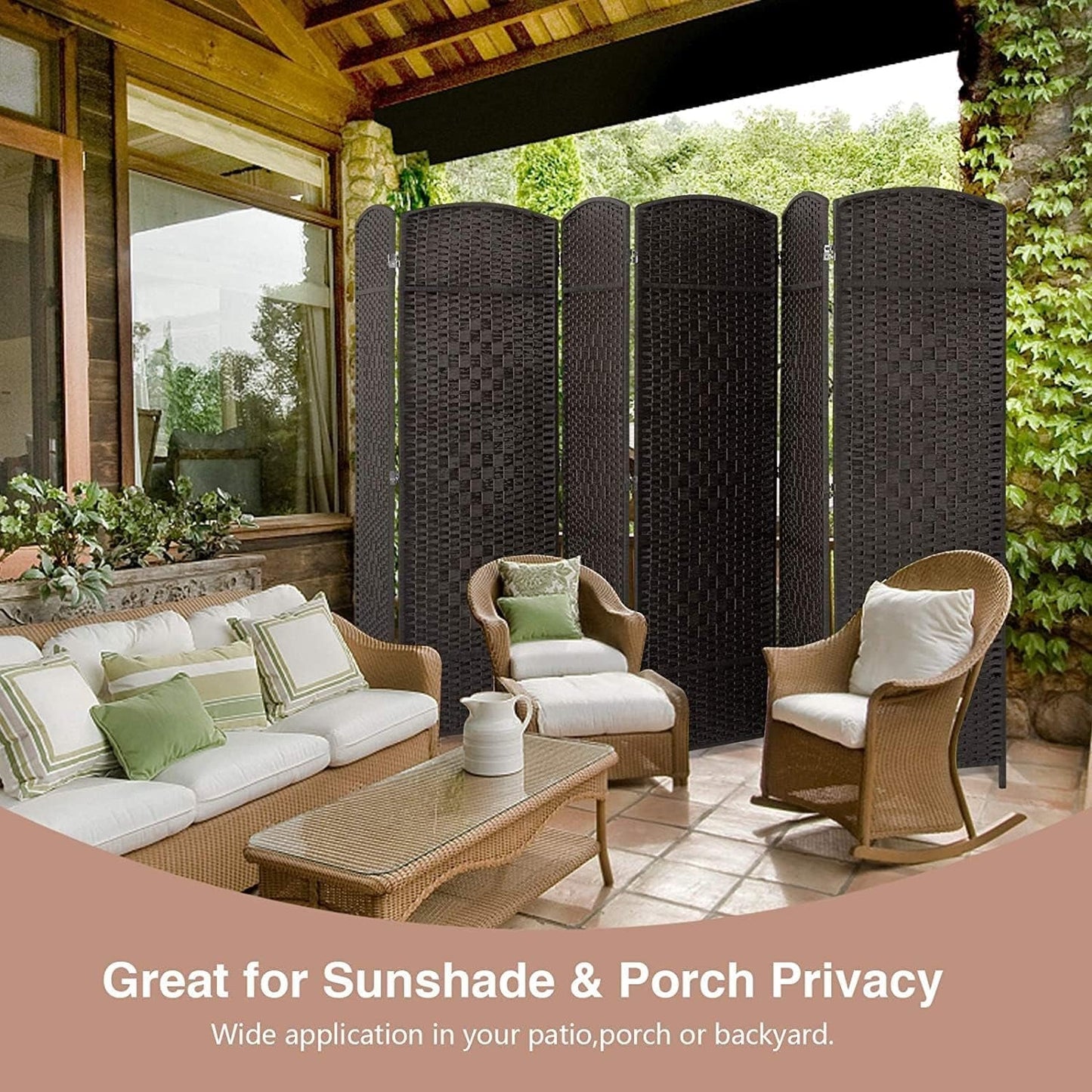 Paravento divisorio per ambienti, alto 180 cm, in fibra intrecciata, a pannelli pieghevoli, autoportante.