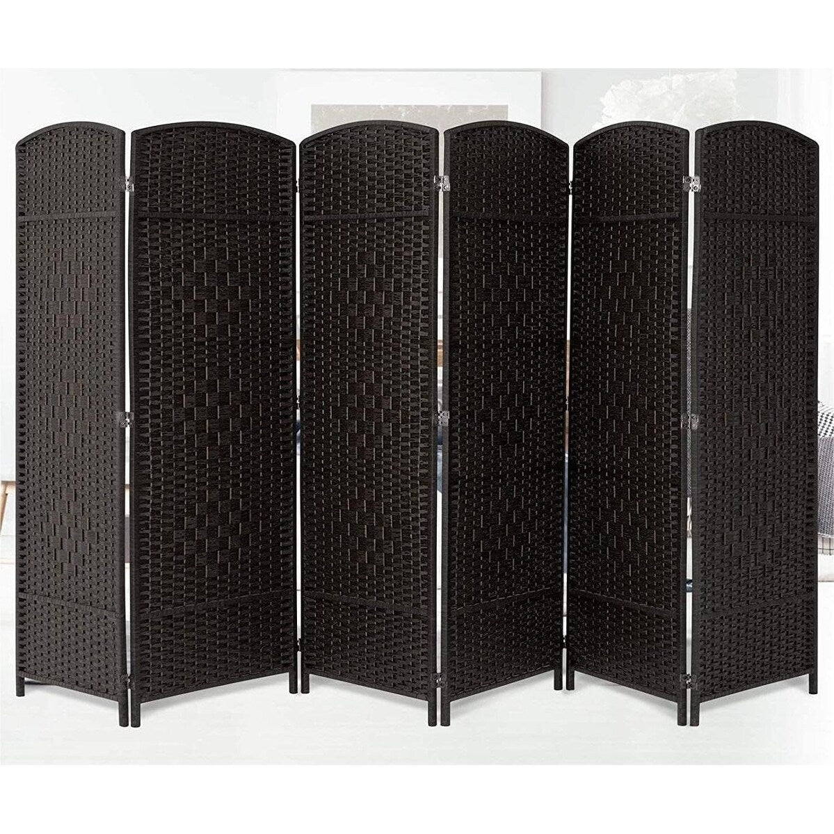 Paravento divisorio per ambienti, alto 180 cm, in fibra intrecciata, a pannelli pieghevoli, autoportante.