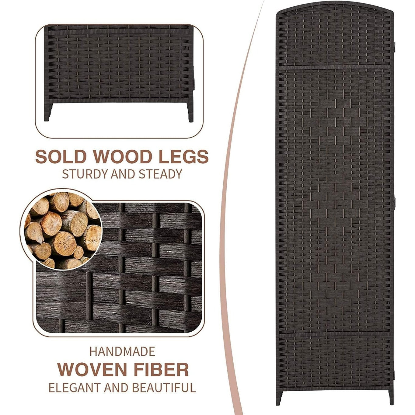 Paravento divisorio per ambienti, alto 180 cm, in fibra intrecciata, a pannelli pieghevoli, autoportante.