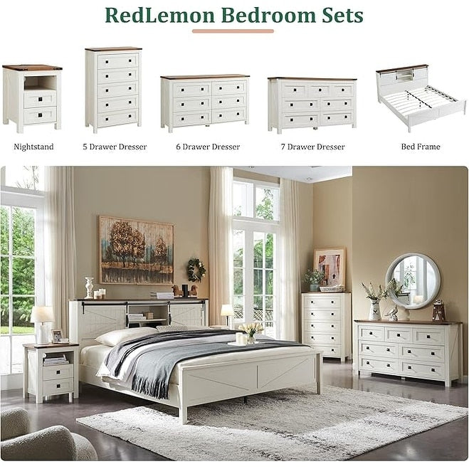 Comò in legno alto 48 pollici, stile farmhouse, con 5 cassetti, per la camera da letto.