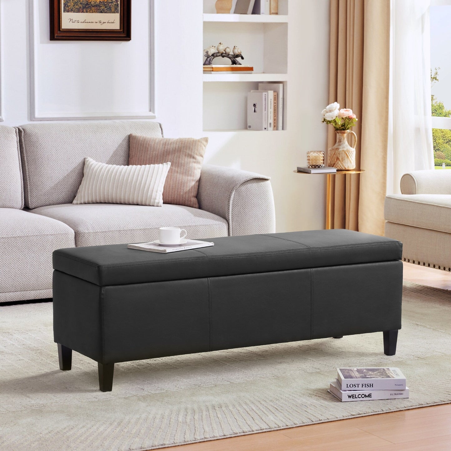 Pouf contenitore rettangolare imbottito con rivestimento in similpelle - 50,3 x 17,50 x 18 cm