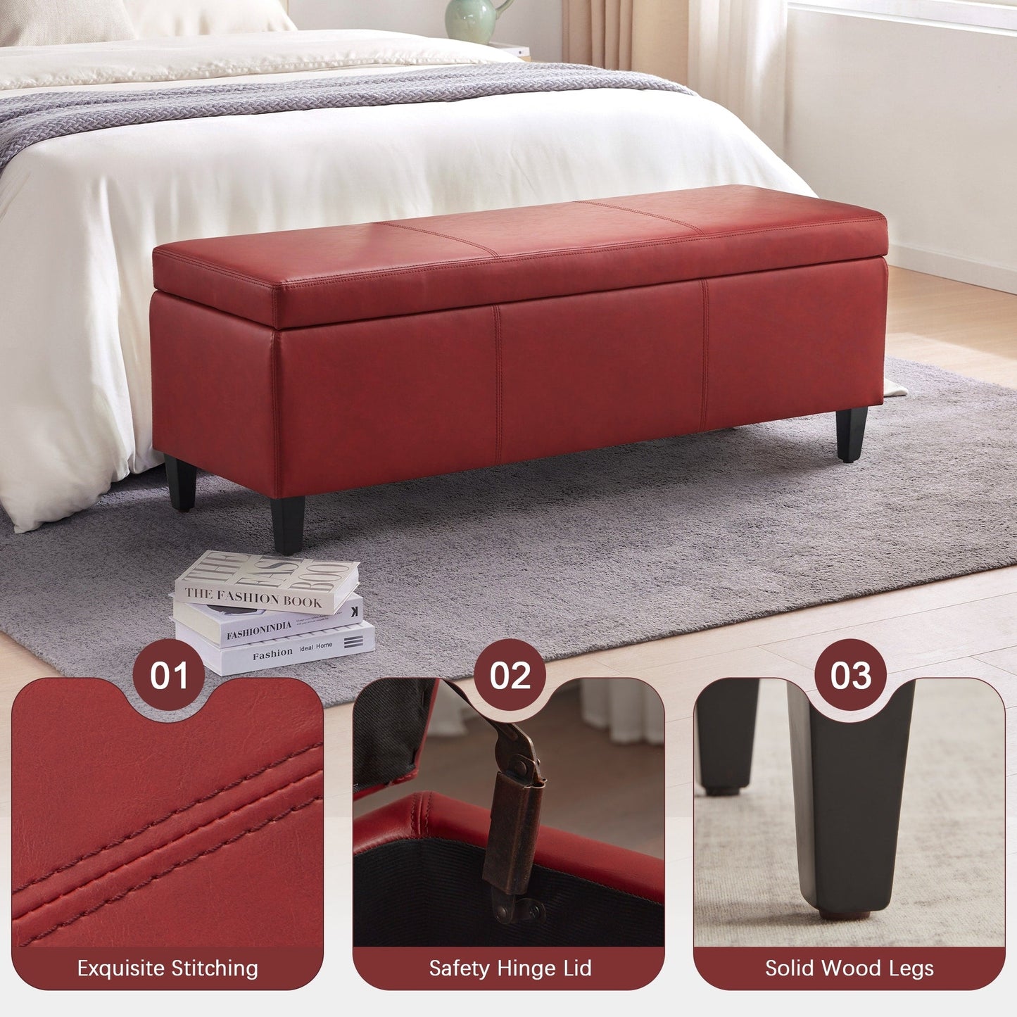 Pouf contenitore rettangolare imbottito con rivestimento in similpelle - 50,3 x 17,50 x 18 cm