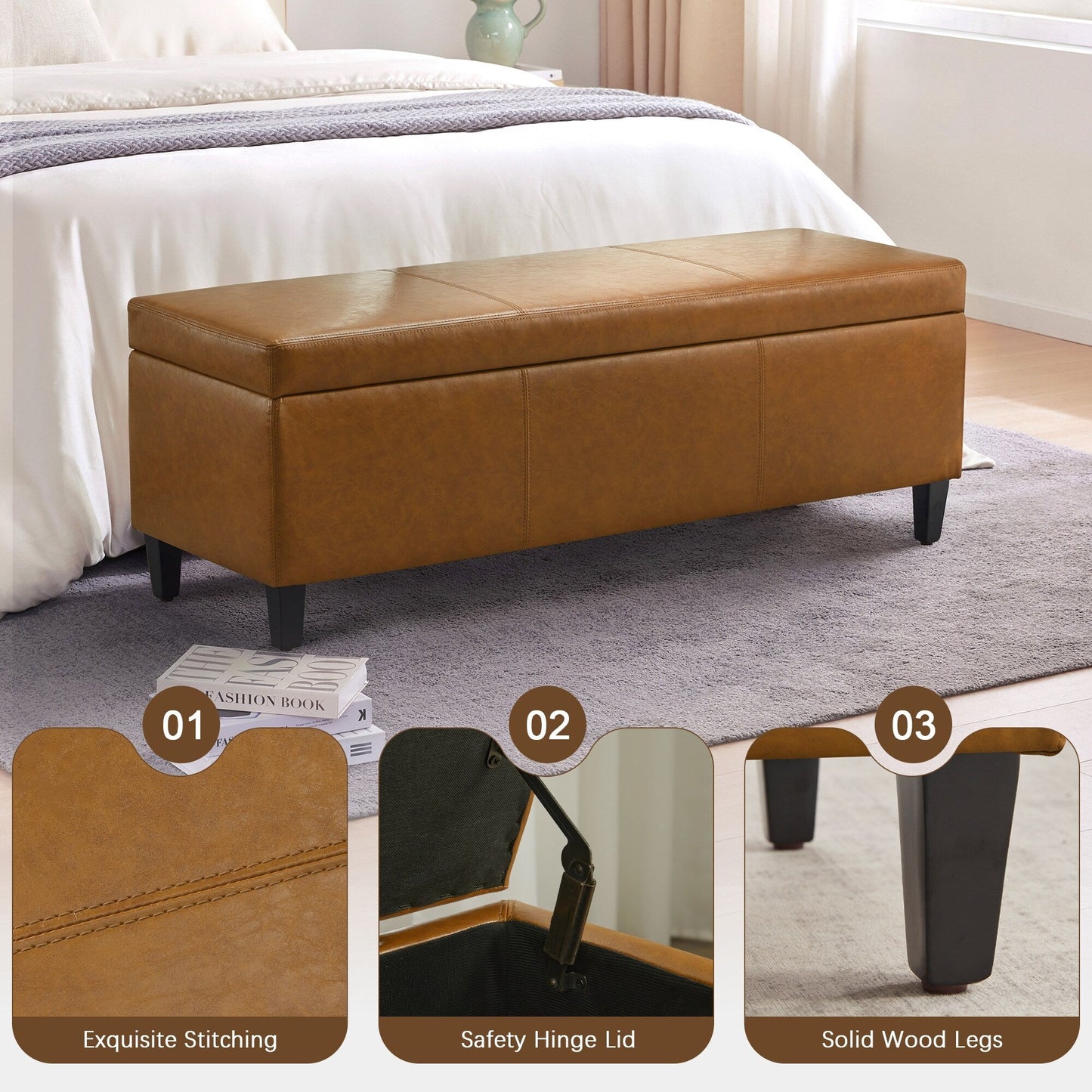 Pouf contenitore rettangolare imbottito con rivestimento in similpelle - 50,3 x 17,50 x 18 cm