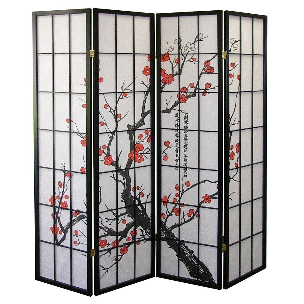 Paravento divisorio per ambienti giapponese a 4 pannelli di Roundhill Furniture, Plum Blossom
