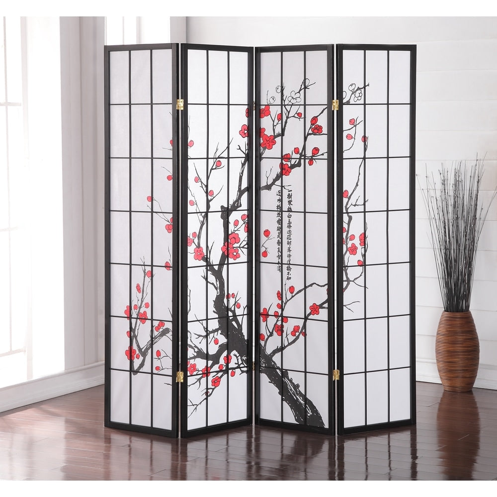 Paravento divisorio per ambienti giapponese a 4 pannelli di Roundhill Furniture, Plum Blossom