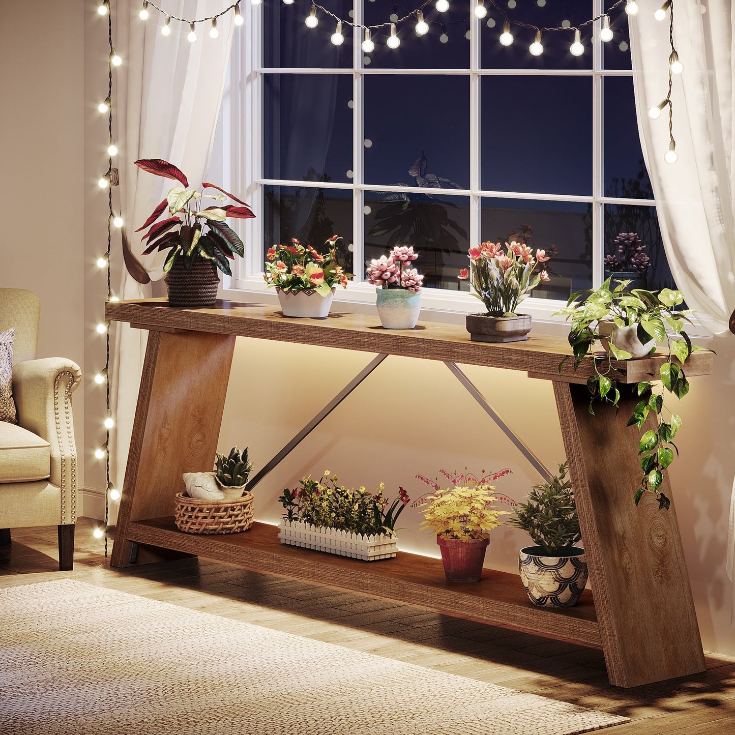 Tavolo da divano in legno rustico lungo 70,9 pollici con ripiano portaoggetti