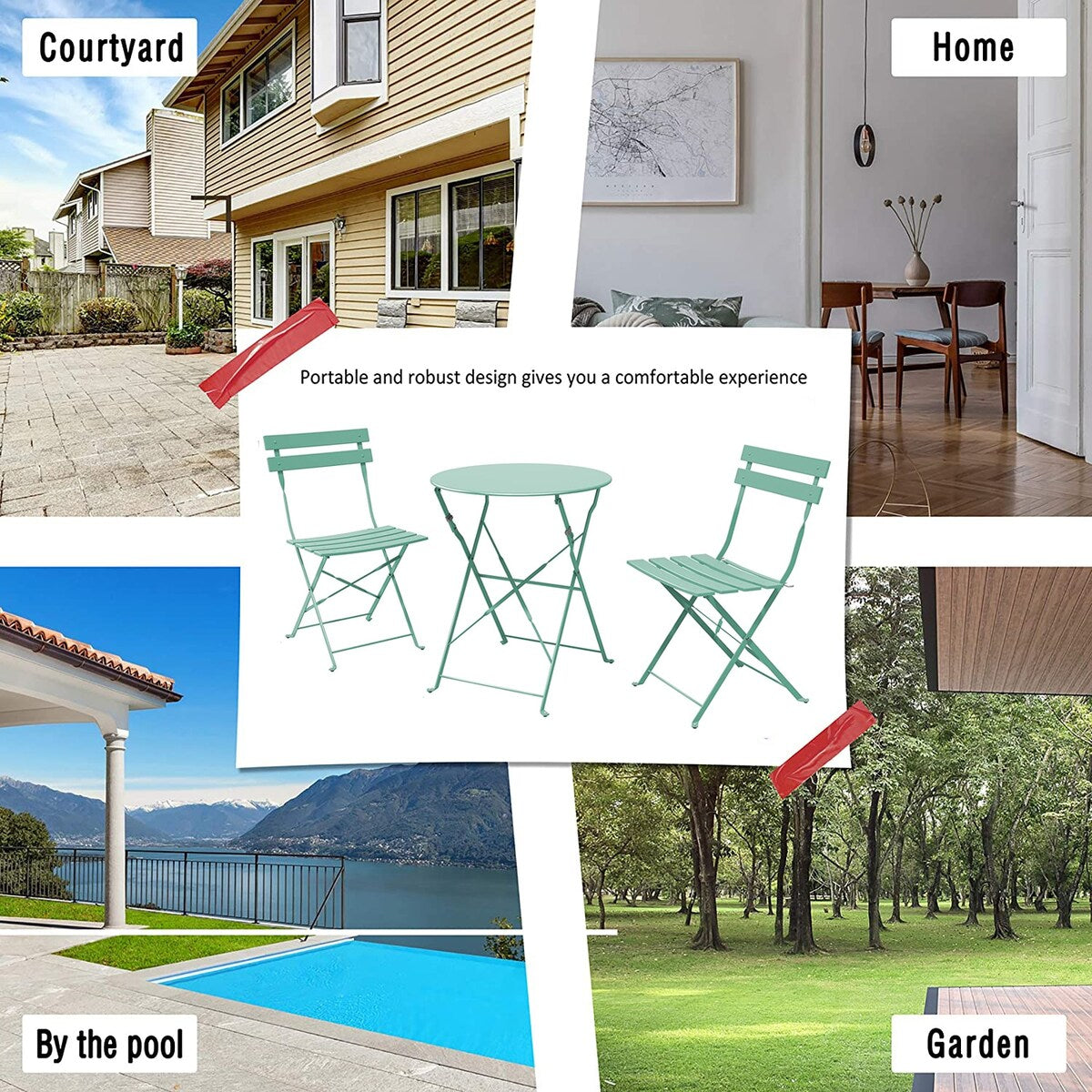 Set da bistrot pieghevole in metallo da 3 pezzi, set da conversazione per esterni/interni resistente alle intemperie, ideale per patio, cortile, giardino.