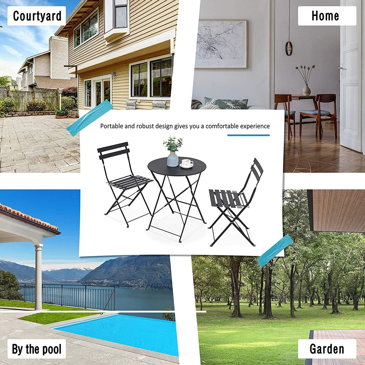 Set da bistrot pieghevole in metallo da 3 pezzi, set da conversazione per esterni/interni resistente alle intemperie, ideale per patio, cortile, giardino.