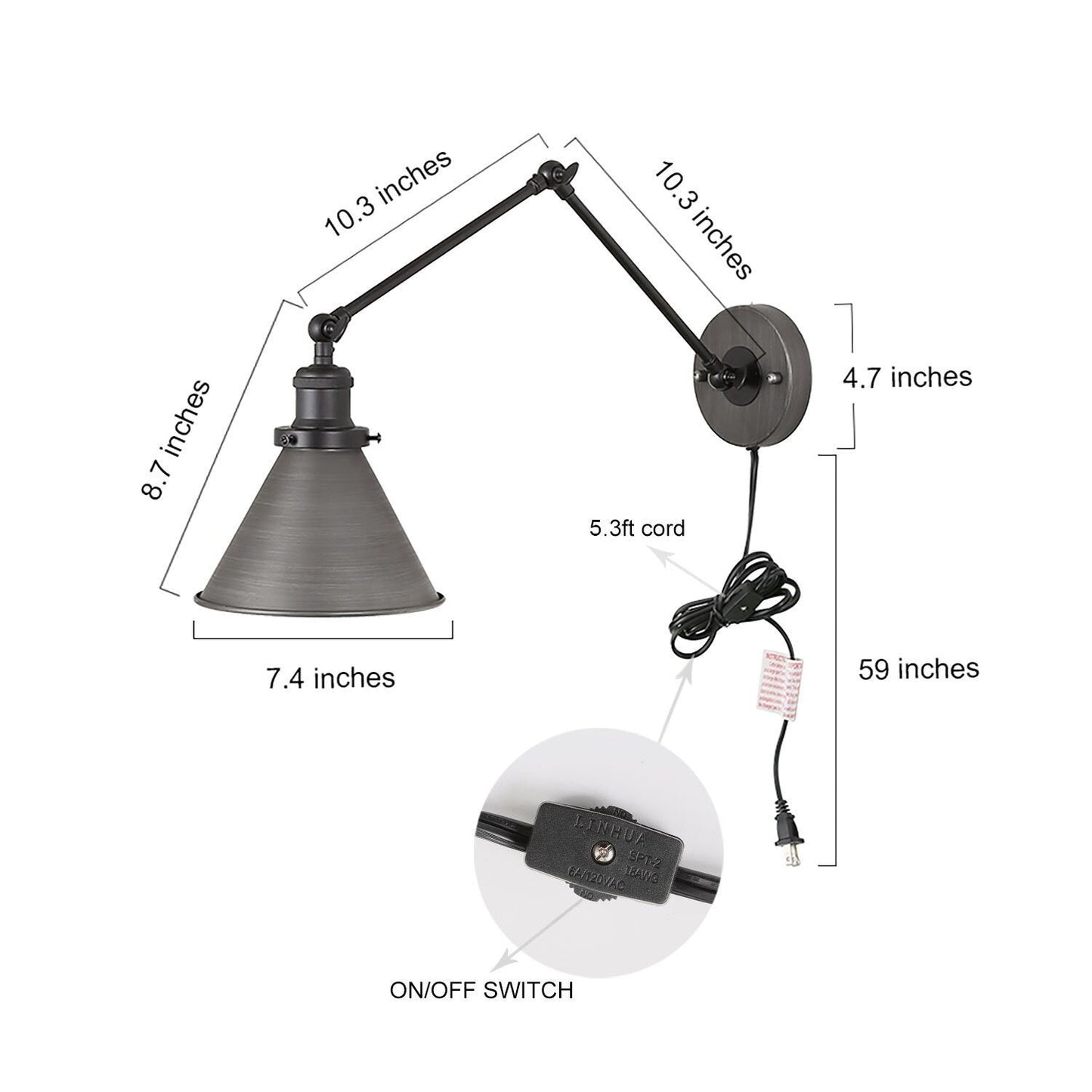 Set di 2 lampade da parete moderne a braccio oscillante regolabile, con spina o cablaggio diretto.