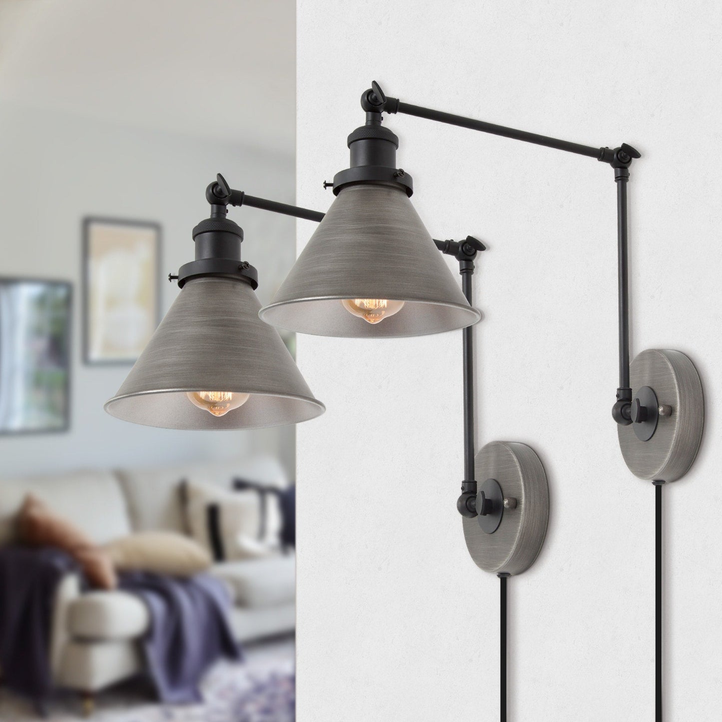 Set di 2 lampade da parete moderne a braccio oscillante regolabile, con spina o cablaggio diretto.