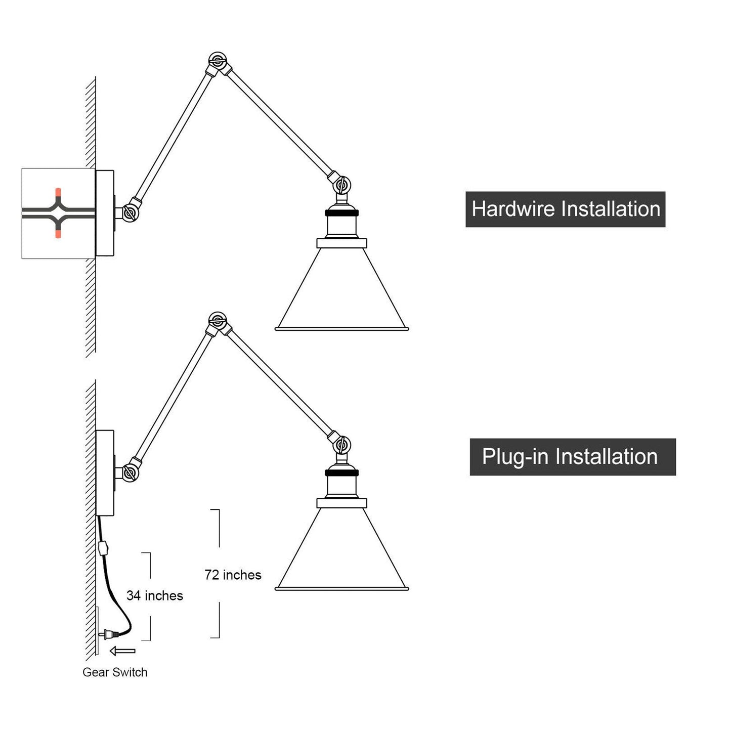 Set di 2 lampade da parete moderne a braccio oscillante regolabile, con spina o cablaggio diretto.