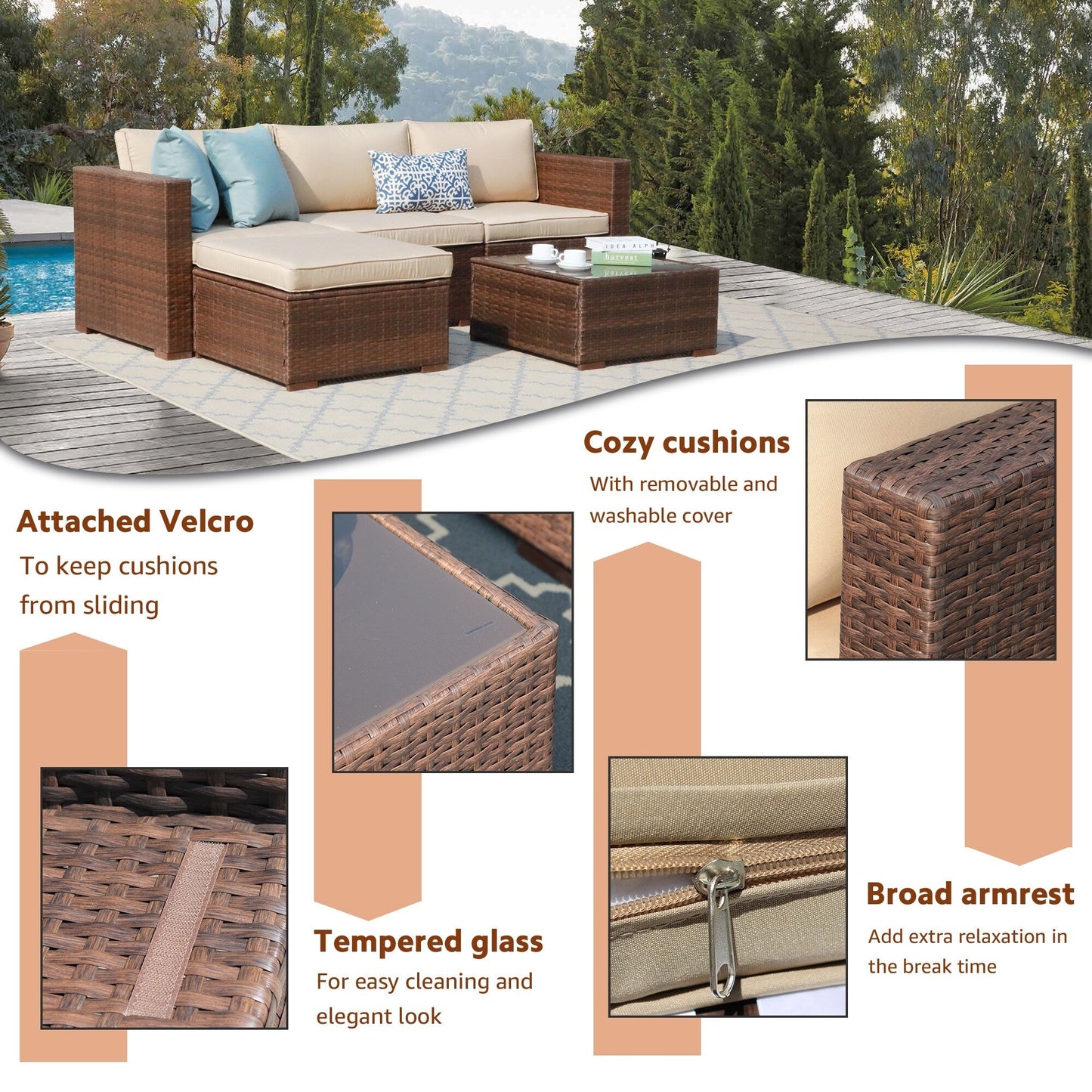 Set di divani componibili da esterno in vimini, 5 pezzi, con cuscini.