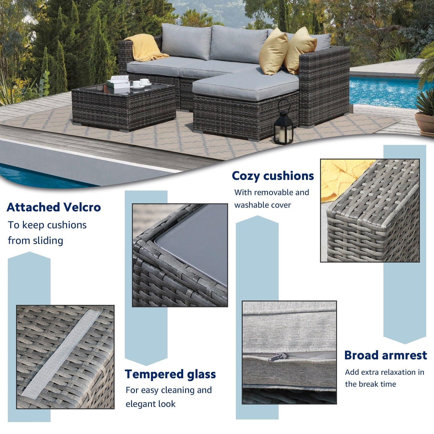 Set di divani componibili da esterno in vimini, 5 pezzi, con cuscini.