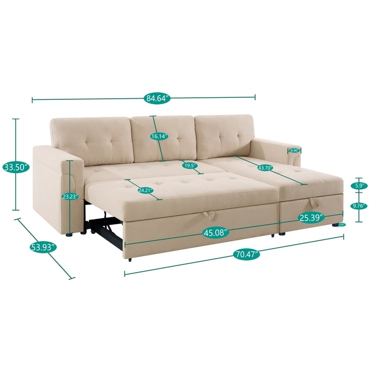 Divano componibile reversibile con letto estraibile, chaise longue con vano portaoggetti, gambe resistenti,
