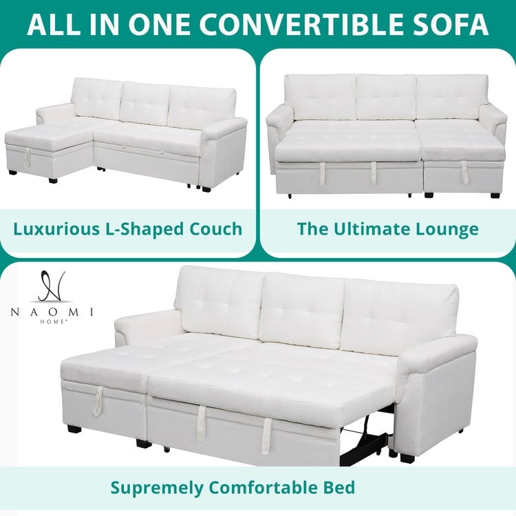 Divano componibile reversibile con letto estraibile, chaise longue con vano portaoggetti, gambe resistenti,