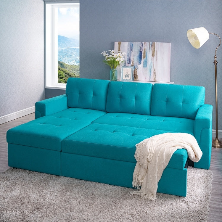 Divano componibile reversibile con letto estraibile, chaise longue con vano portaoggetti, gambe resistenti,