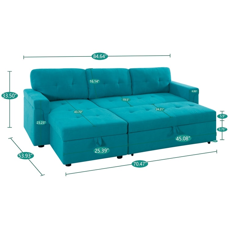 Divano componibile reversibile con letto estraibile, chaise longue con vano portaoggetti, gambe resistenti,