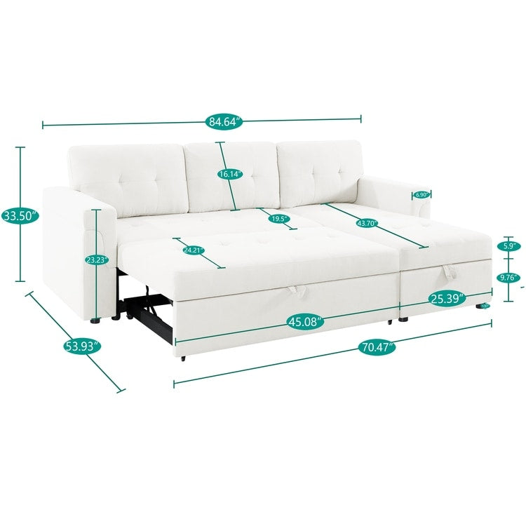 Divano componibile reversibile con letto estraibile, chaise longue con vano portaoggetti, gambe resistenti,