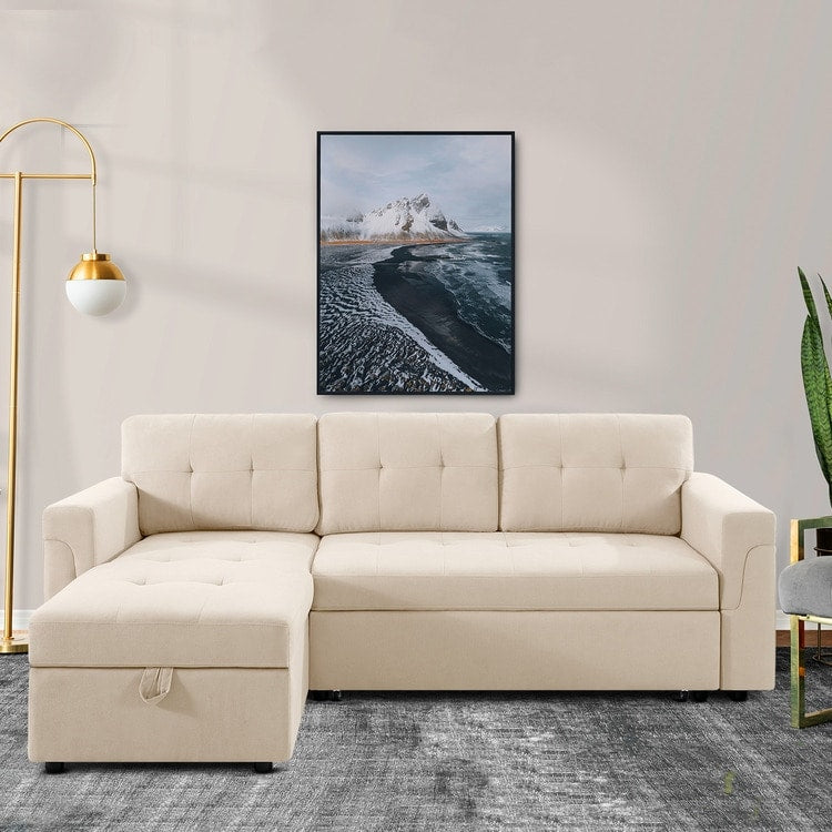 Divano componibile reversibile con letto estraibile, chaise longue con vano portaoggetti, gambe resistenti,