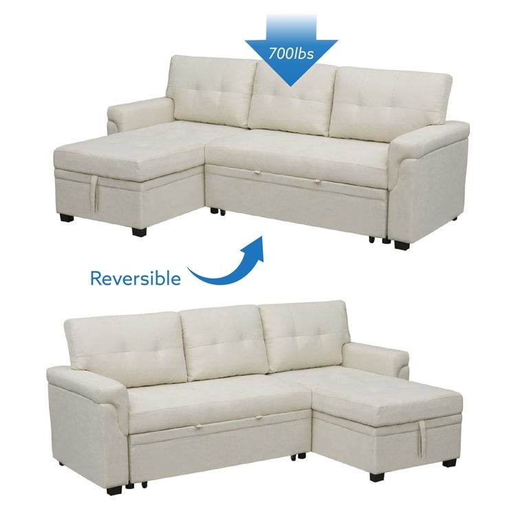 Divano componibile reversibile con letto estraibile, chaise longue con vano portaoggetti, gambe resistenti,