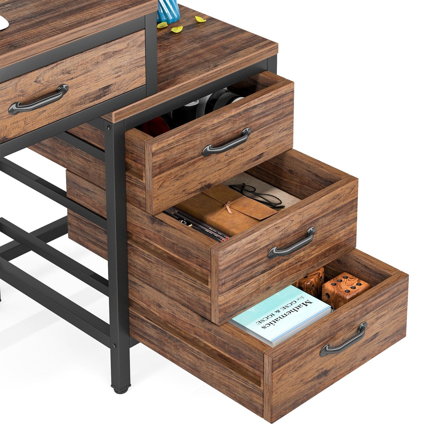 Scrivania per computer reversibile con 5 cassetti, scrivania da ufficio domestico con cassettiera e supporto per stampante