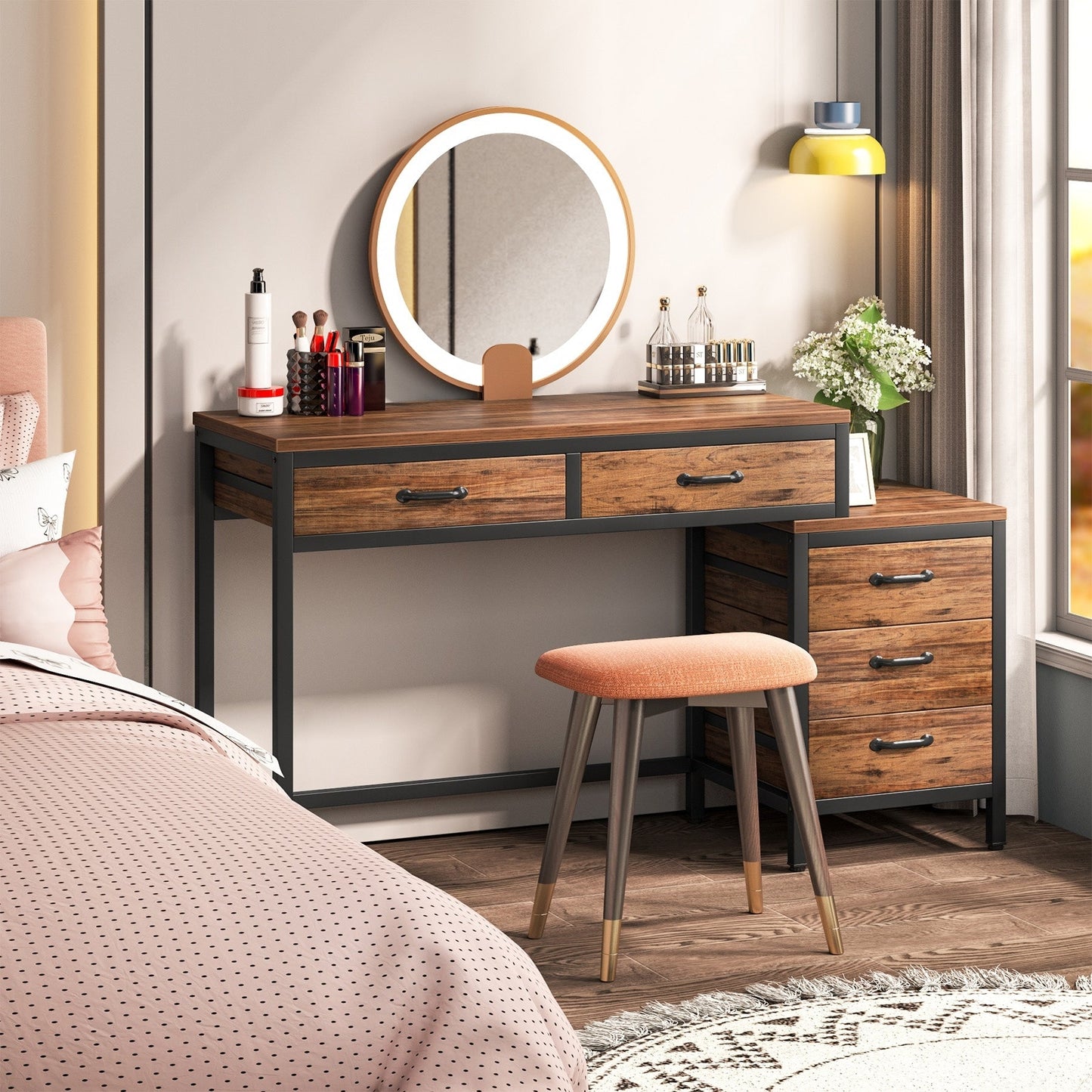 Scrivania per computer reversibile con 5 cassetti, scrivania da ufficio domestico con cassettiera e supporto per stampante