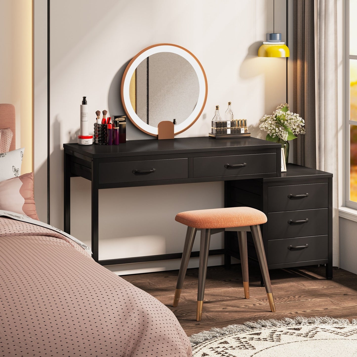 Scrivania per computer reversibile con 5 cassetti, scrivania da ufficio domestico con cassettiera e supporto per stampante