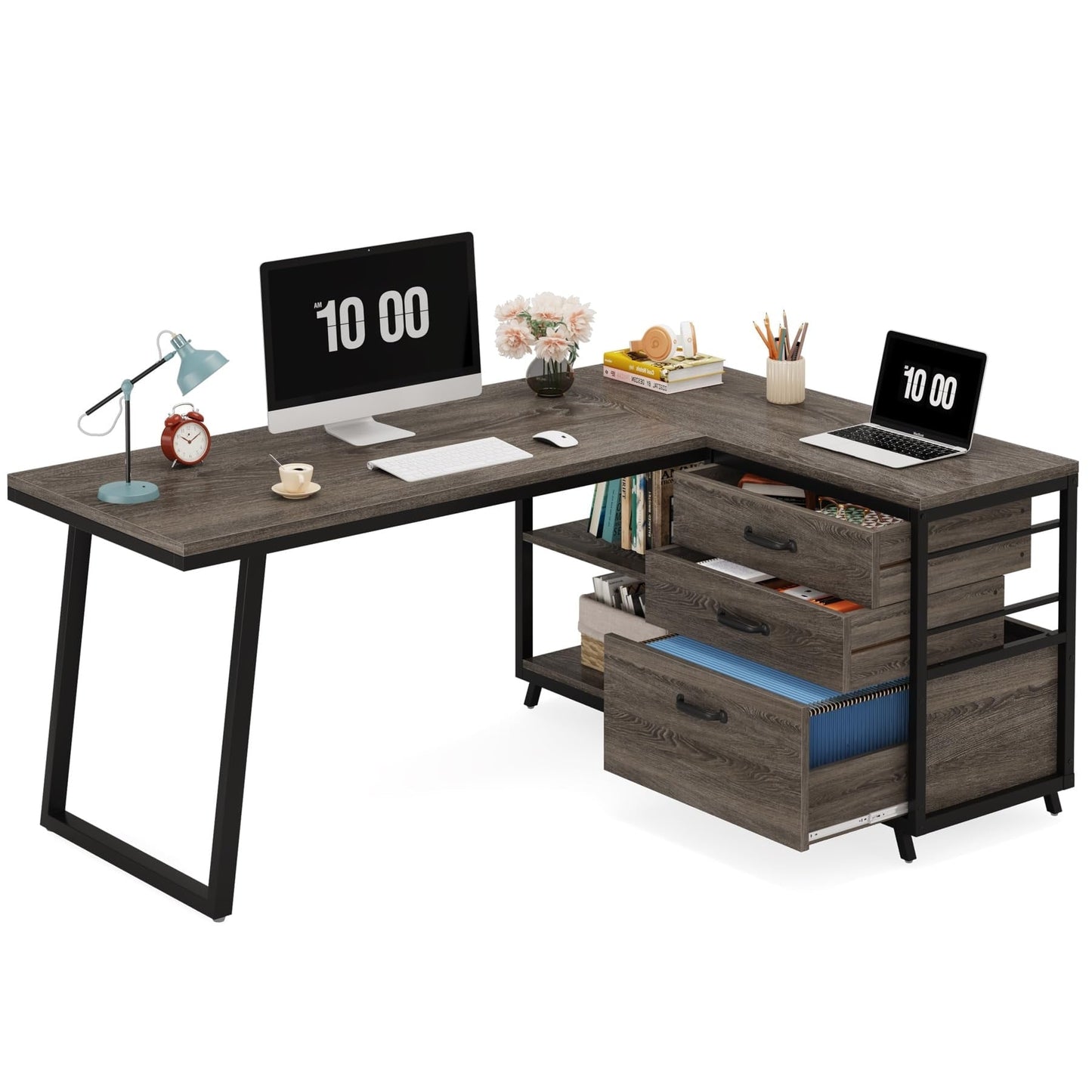 Scrivania a forma di L reversibile con cassetti porta documenti, scrivania da computer d'angolo