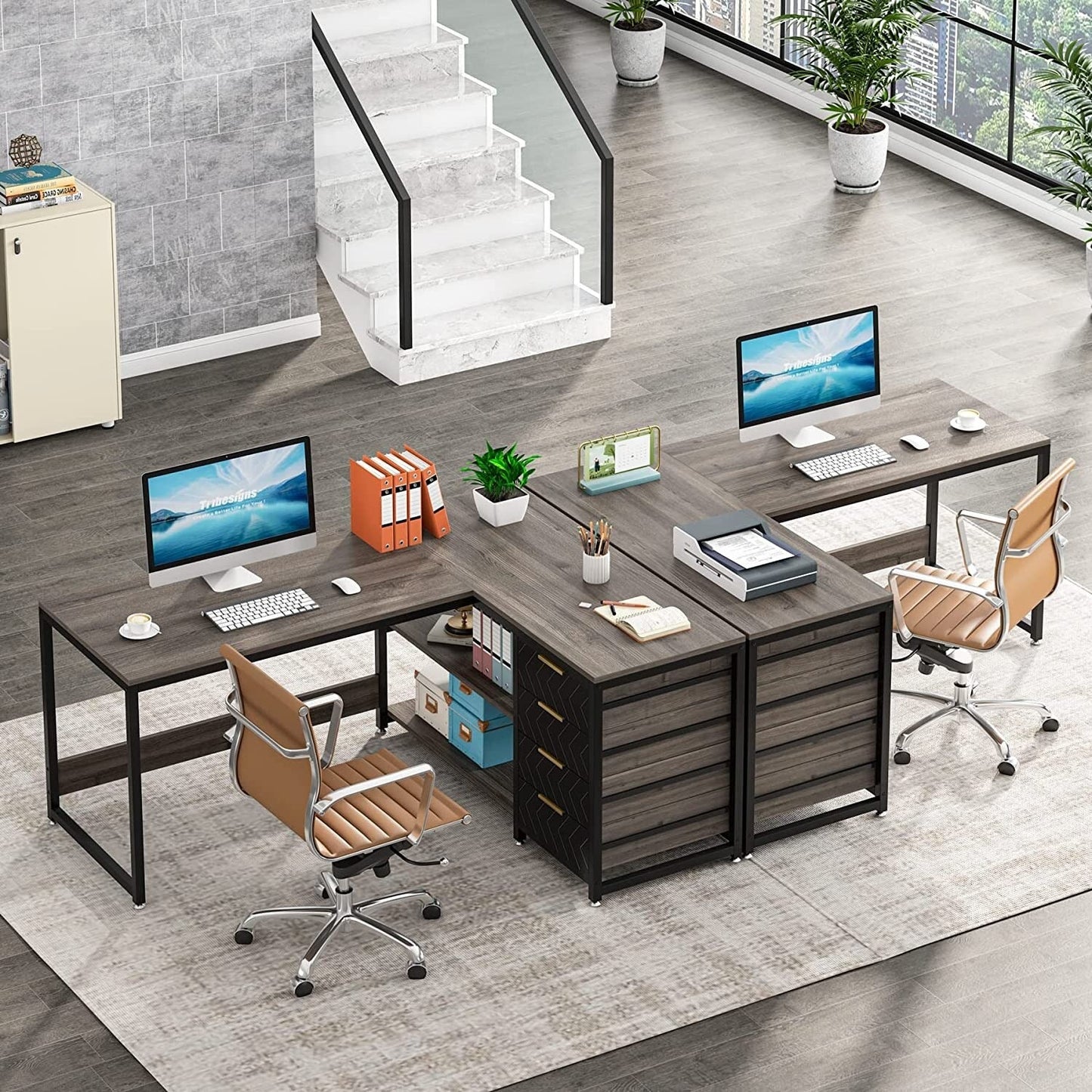 Scrivania da ufficio a forma di L reversibile, scrivania per computer, robusto tavolo da lavoro, postazione di lavoro.